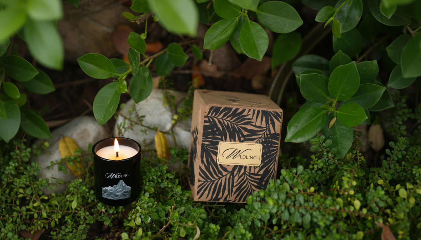 Candle and packaging with 'Wildling' branding on a natural background